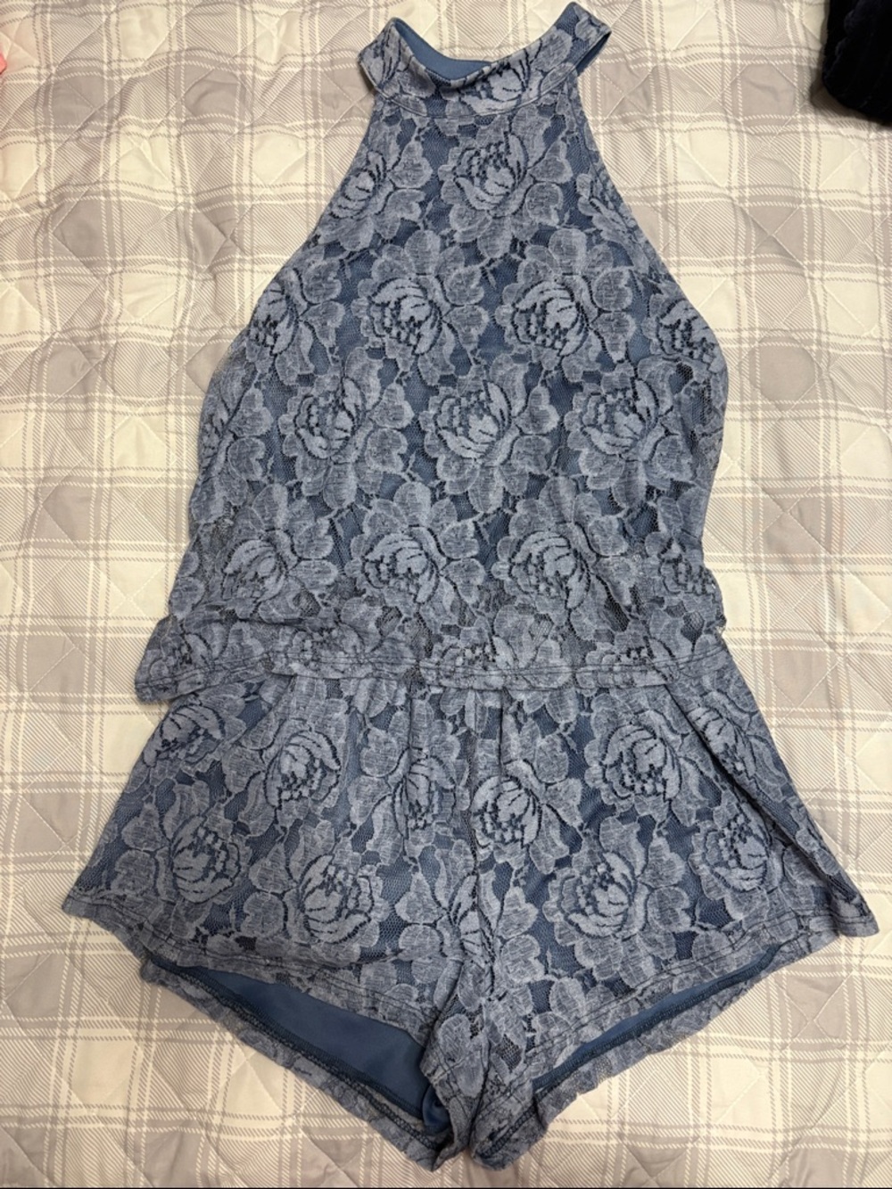 Sleeveless Blue Floral Lace Romper